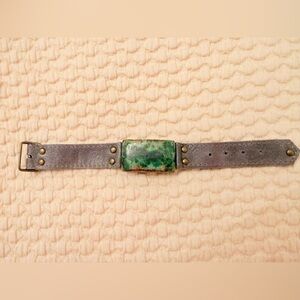 Gray Leather Belt with Green Stone Accent